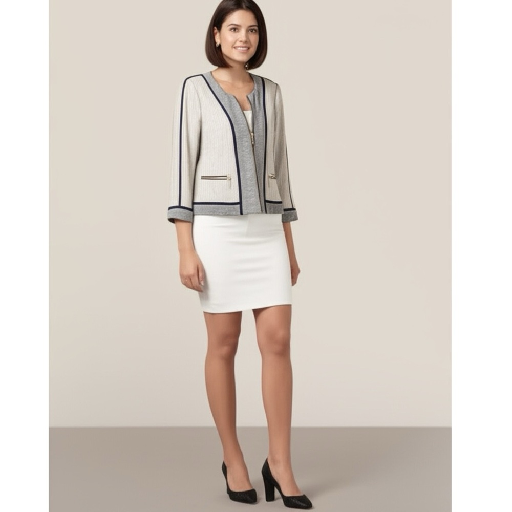 Karl Lagerfeld Cream Tweed Open-Front Jacket with Black Trim - Picture 15 of 15